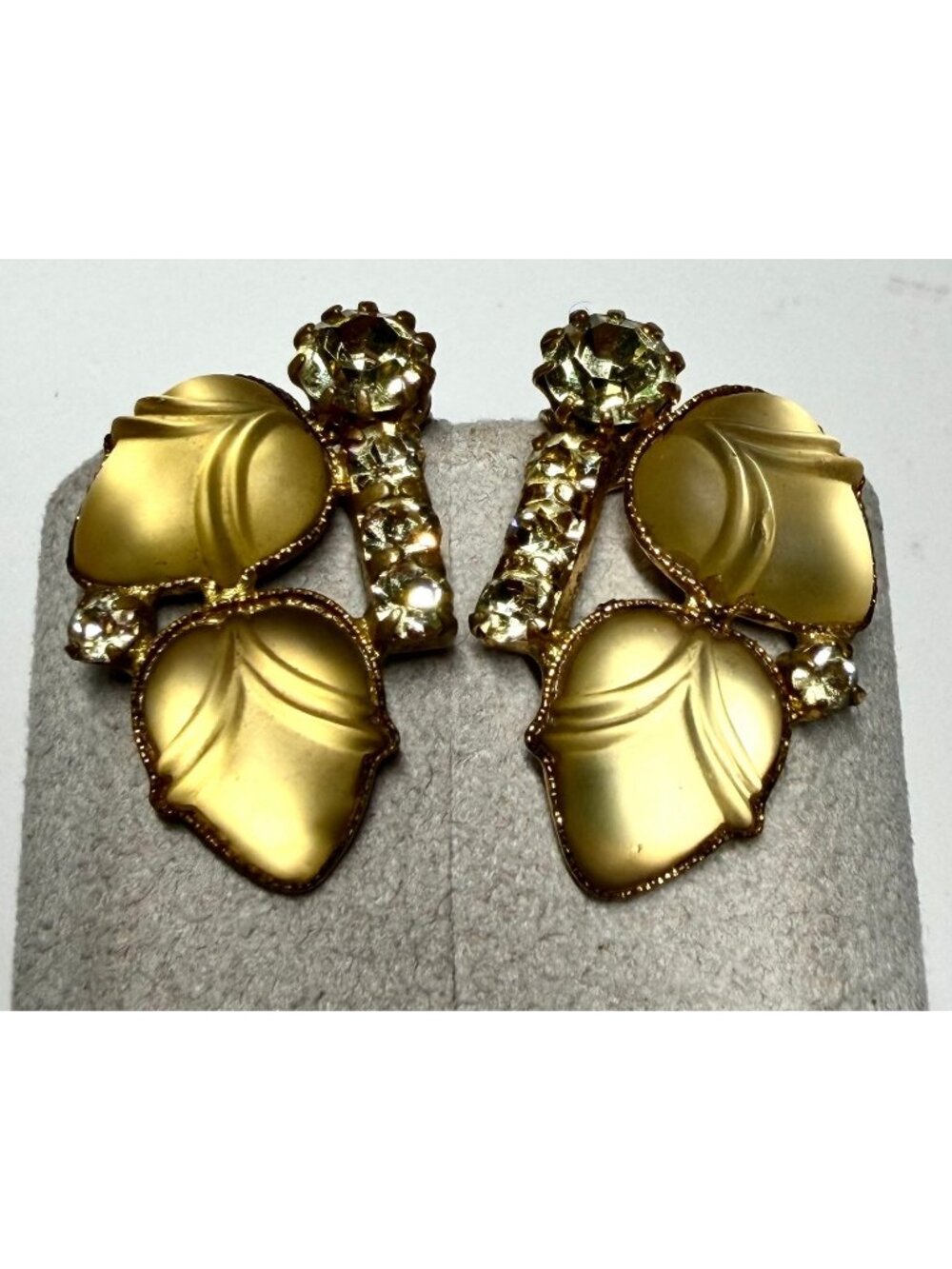 VTG 1950s West Germany Molded Acorn Leaf Clip On Earrings Yellow Rhinestone Rare
